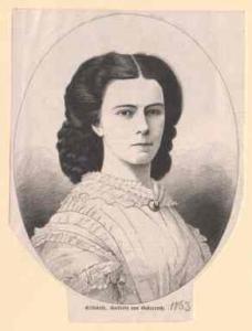 Erzsébet fehér ruhás fotósorozatának egyik litográf másolata